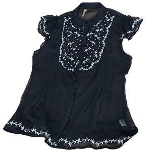 Papaya clothing y2k floral embroidered sheer button up black top size s
